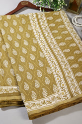 Olive Green Color Cotton Hand-Block Style Printed Saree