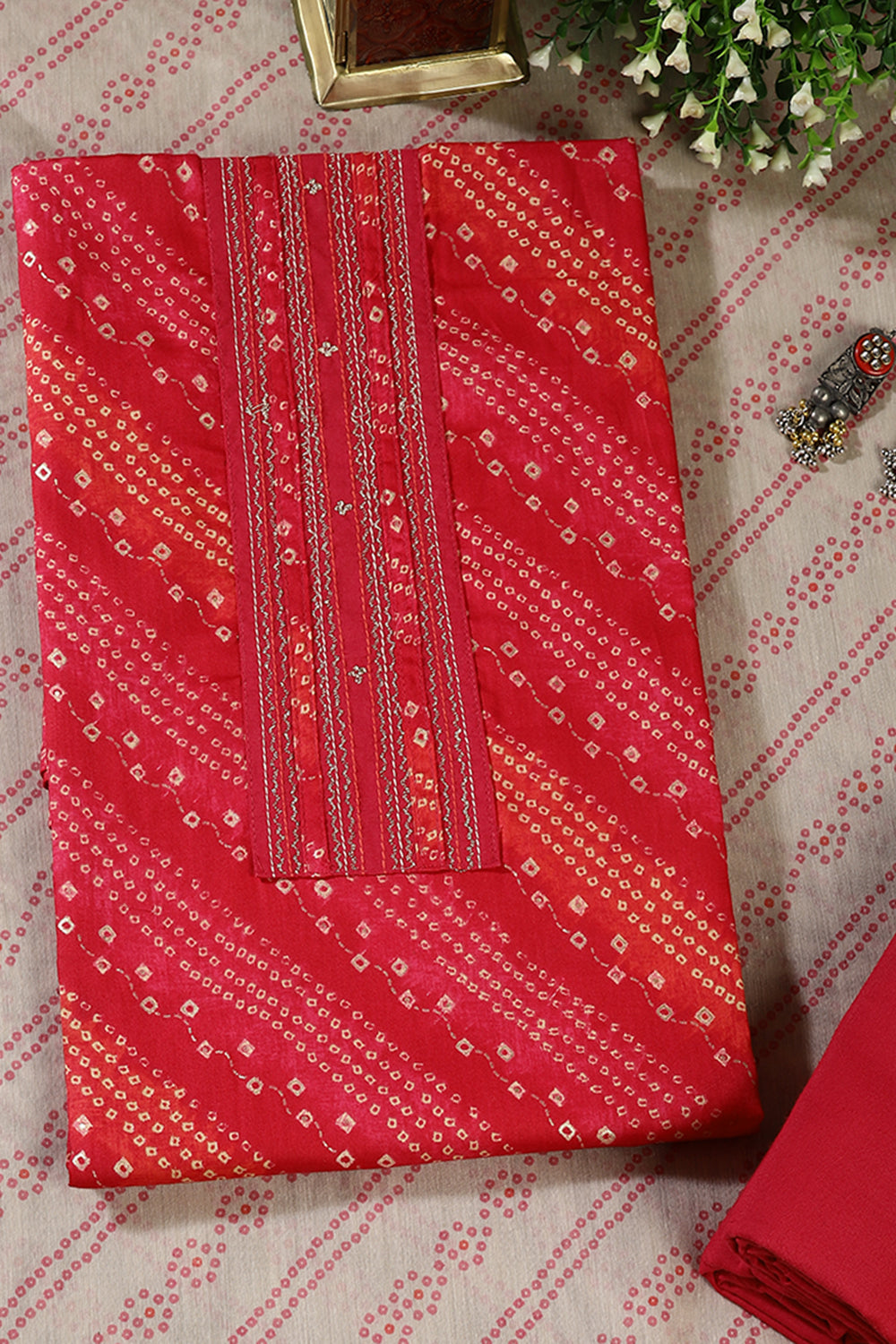 Cardinal Color Cotton Bandhani printed Unstitched Suit Fabric
