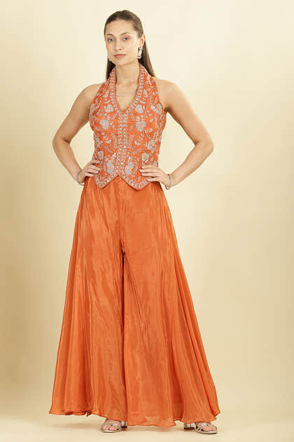Orange Crepe Silk Emboridered Crop-Top With Palazzo Indo-Western Co-ord Set