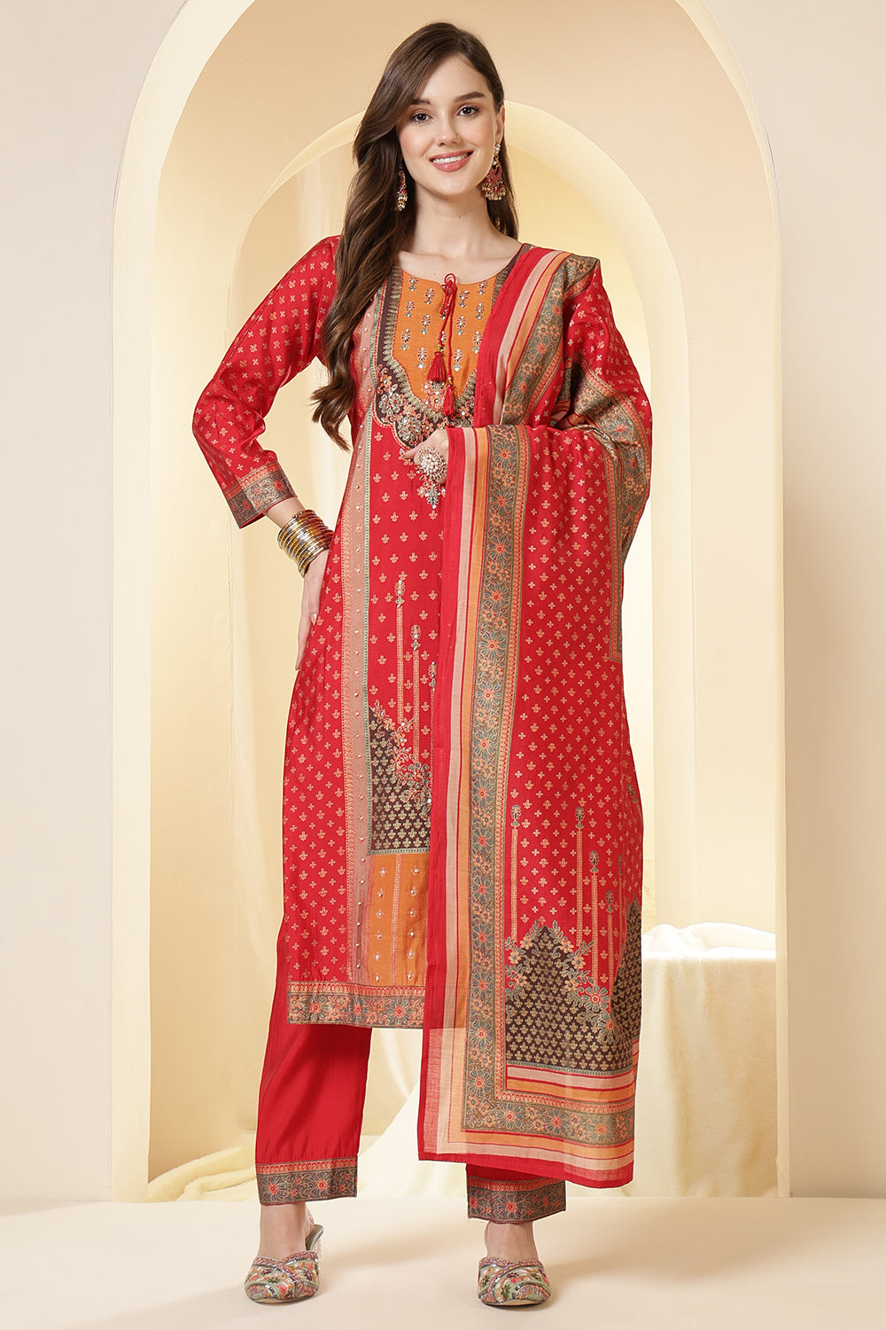 Red Color Printed Silk Embroidered Suit Set