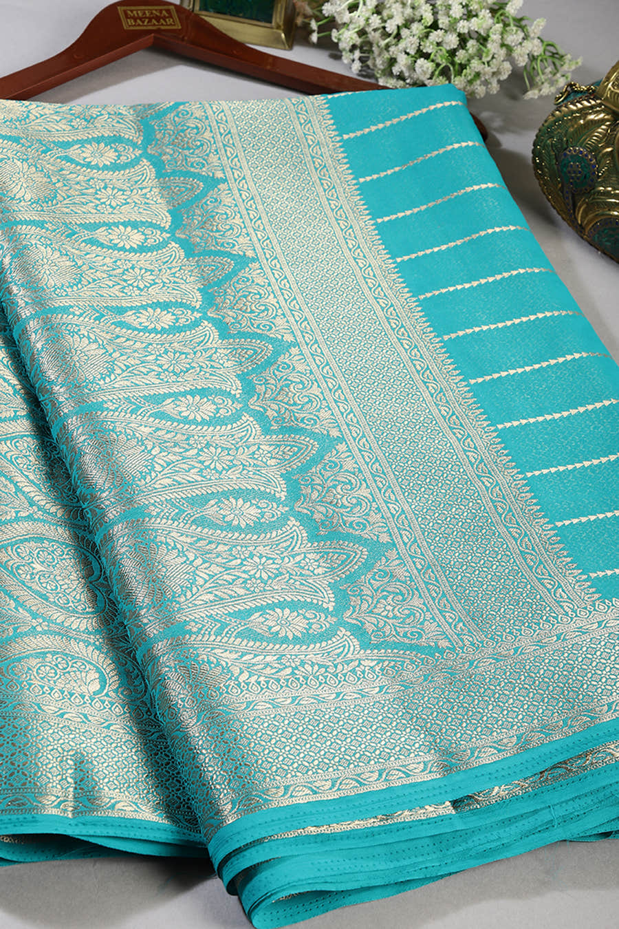 Firozi Color Georgette Saree with Zari Pinstripes
