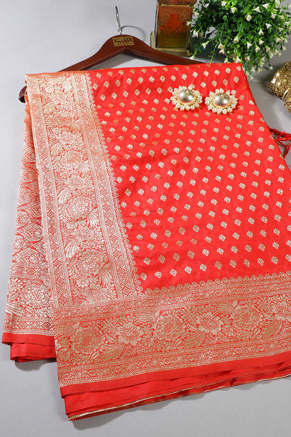 Red Blue Silk Zari Buta Woven Saree