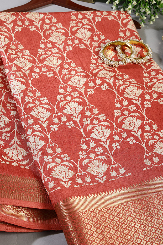 Rust Color Cotton Silk Block Printed Saree