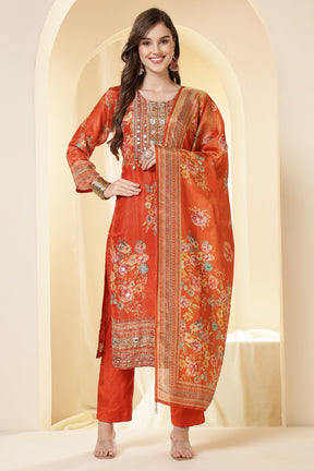 Orange Color Shimmer Tissue Printed & Embroidered Suit Set