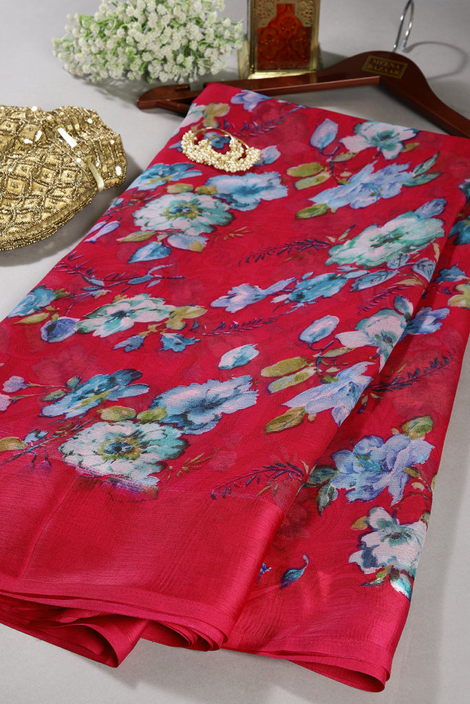 Magenta Pink Color Floral Printed Chiffon Saree