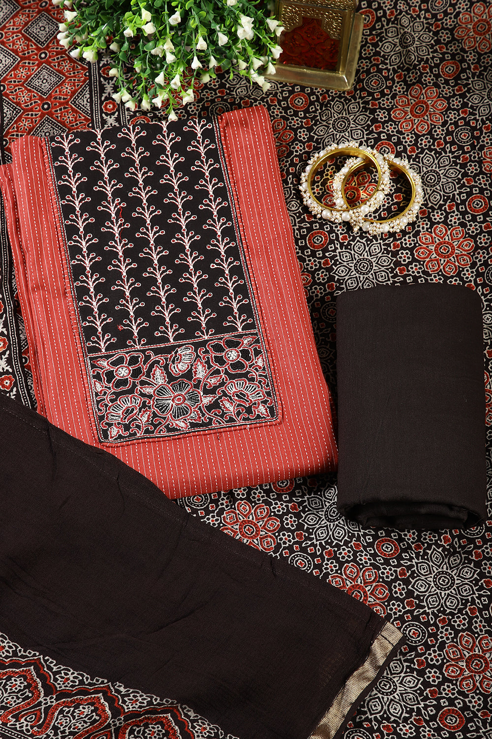 Rust & Black Color Twill Cotton Printed Unstitched Suit Material
