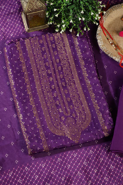 Purple Zari Woven And Bandhani Printed Silk Unstitched Suit Fabric