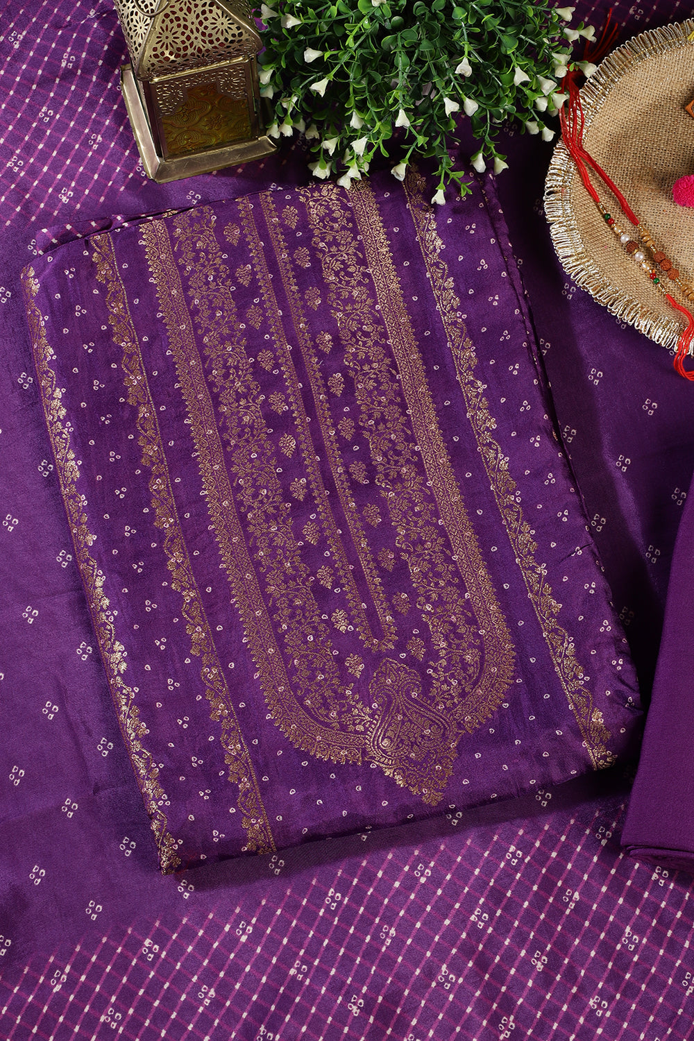 Purple Zari Woven And Bandhani Printed Silk Unstitched Suit Fabric