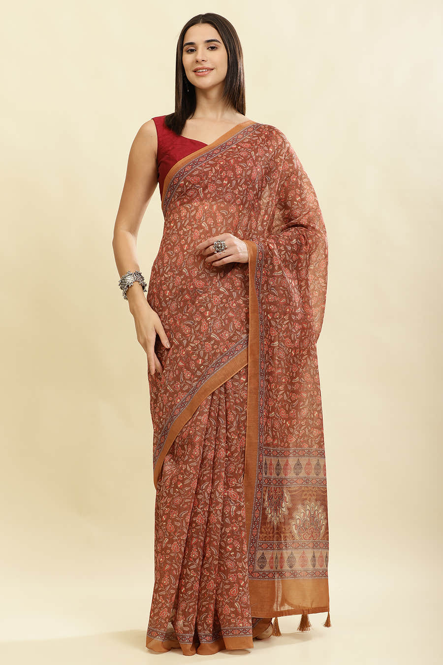 Brown Floral Printed Cotton Silk Saree