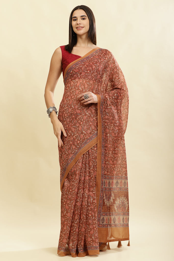 Brown Floral Printed Cotton Silk Saree