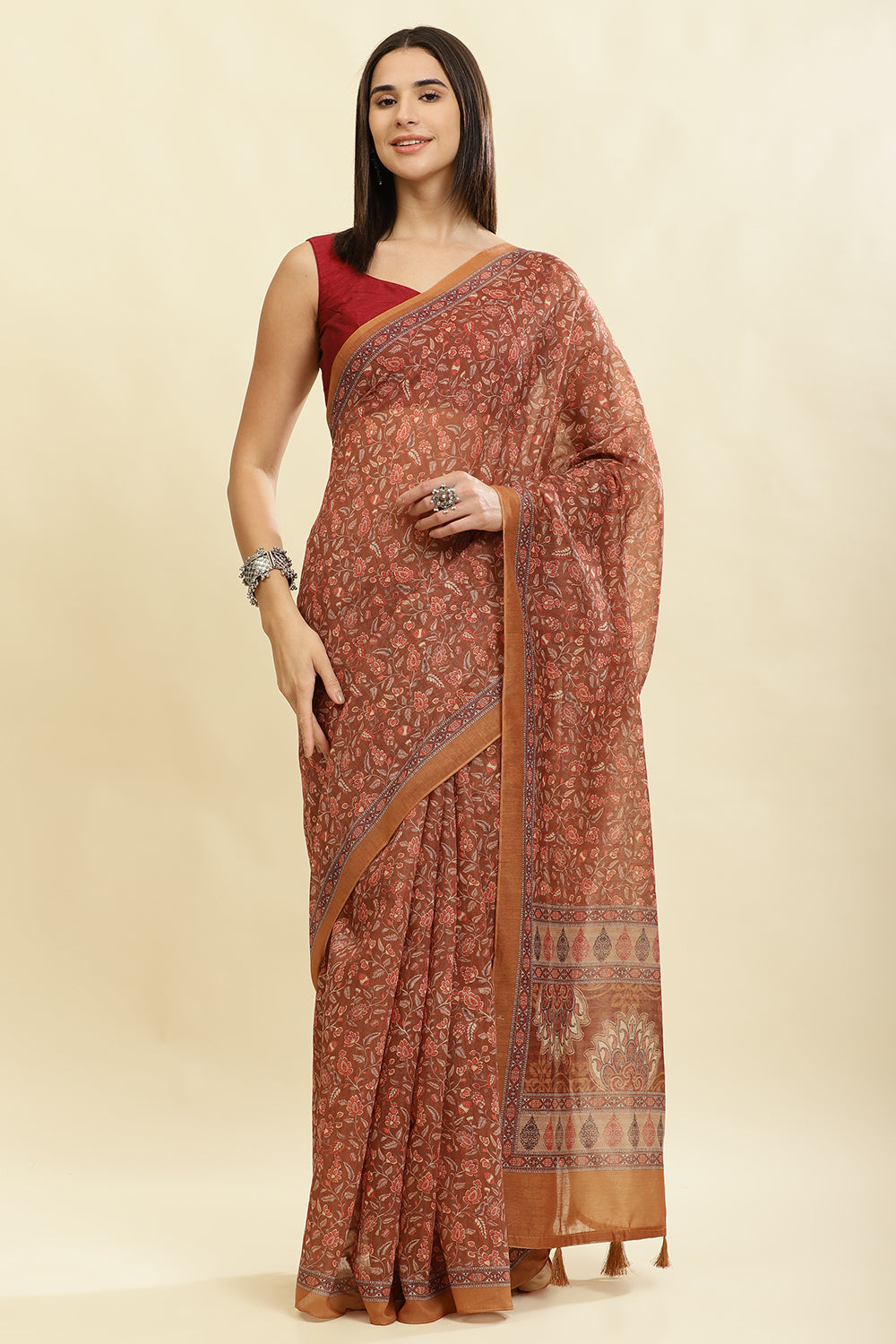 Brown Floral Printed Cotton Silk Saree
