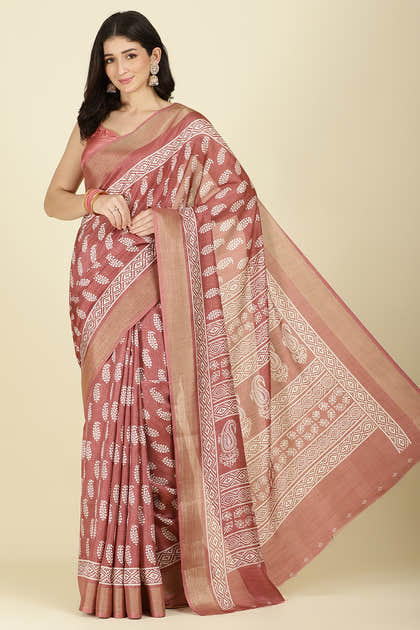 Light Maroon Cotton Silk Boota Printed And Zari Woven Saree
