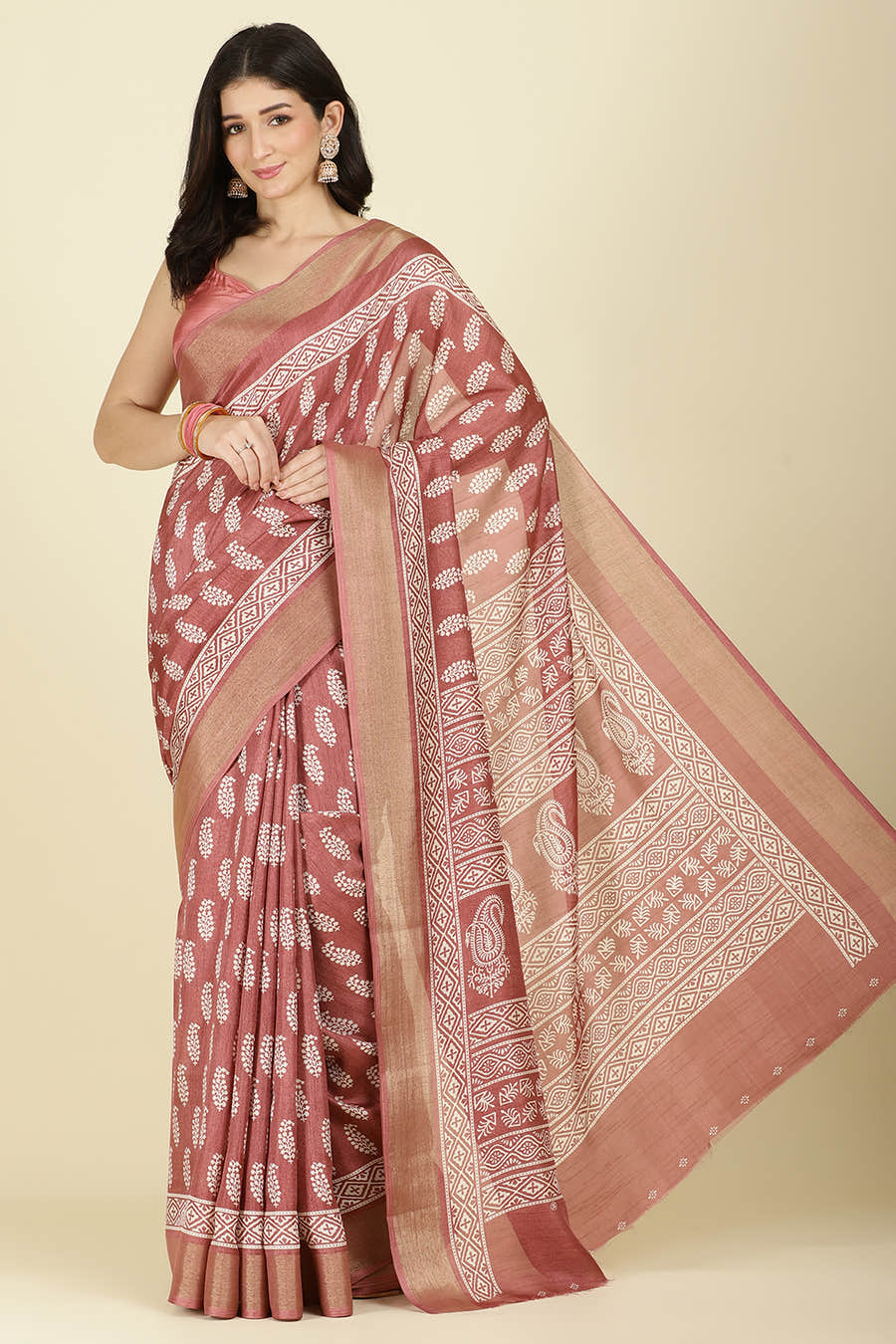 Light Maroon Cotton Silk Boota Printed And Zari Woven Saree