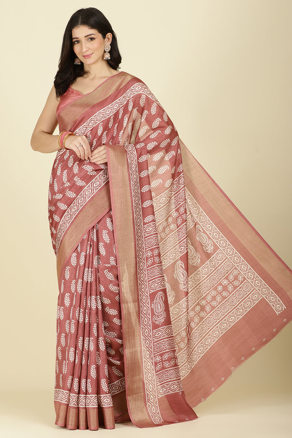 Light Maroon Cotton Silk Boota Printed And Zari Woven Saree