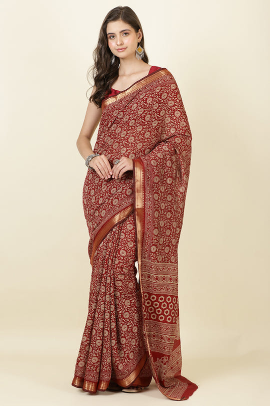 Maroon Cotton Floral Printed Saree