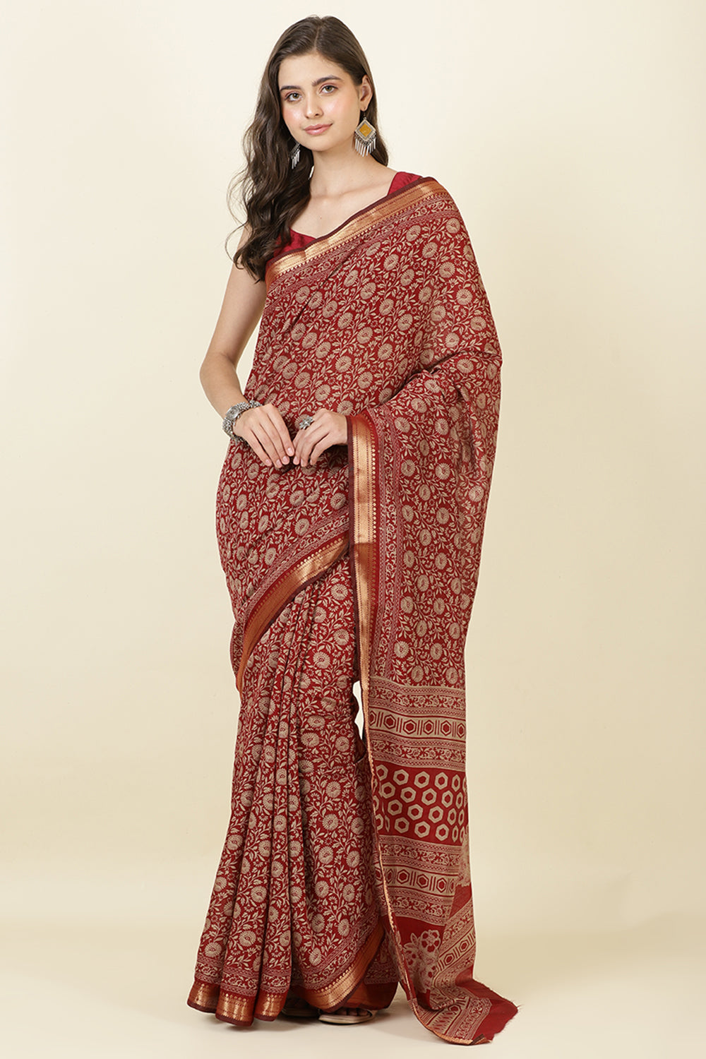 Maroon Cotton Meenkari Printed Saree