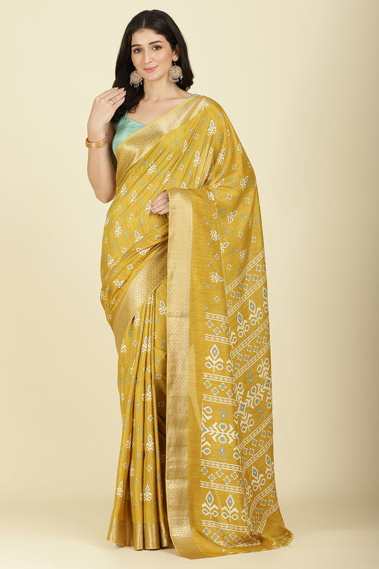 Mustard Cotton Silk Printed And Zari Woven Saree