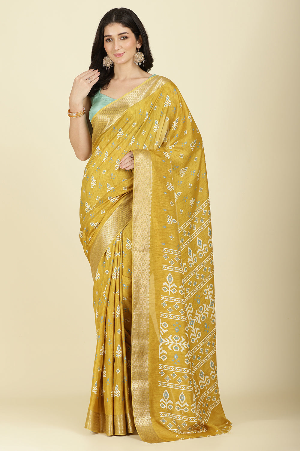Mustard Cotton Silk Printed And Zari Woven Saree
