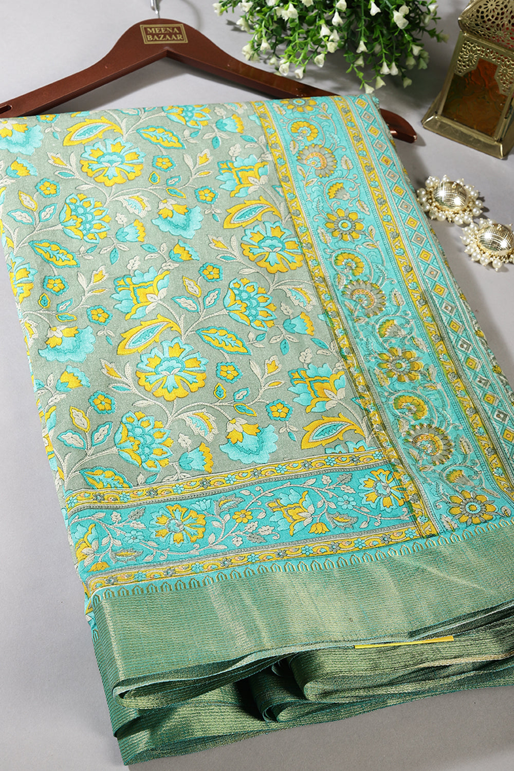Grey & Teal Color Floral Printed Tussar Silk Saree