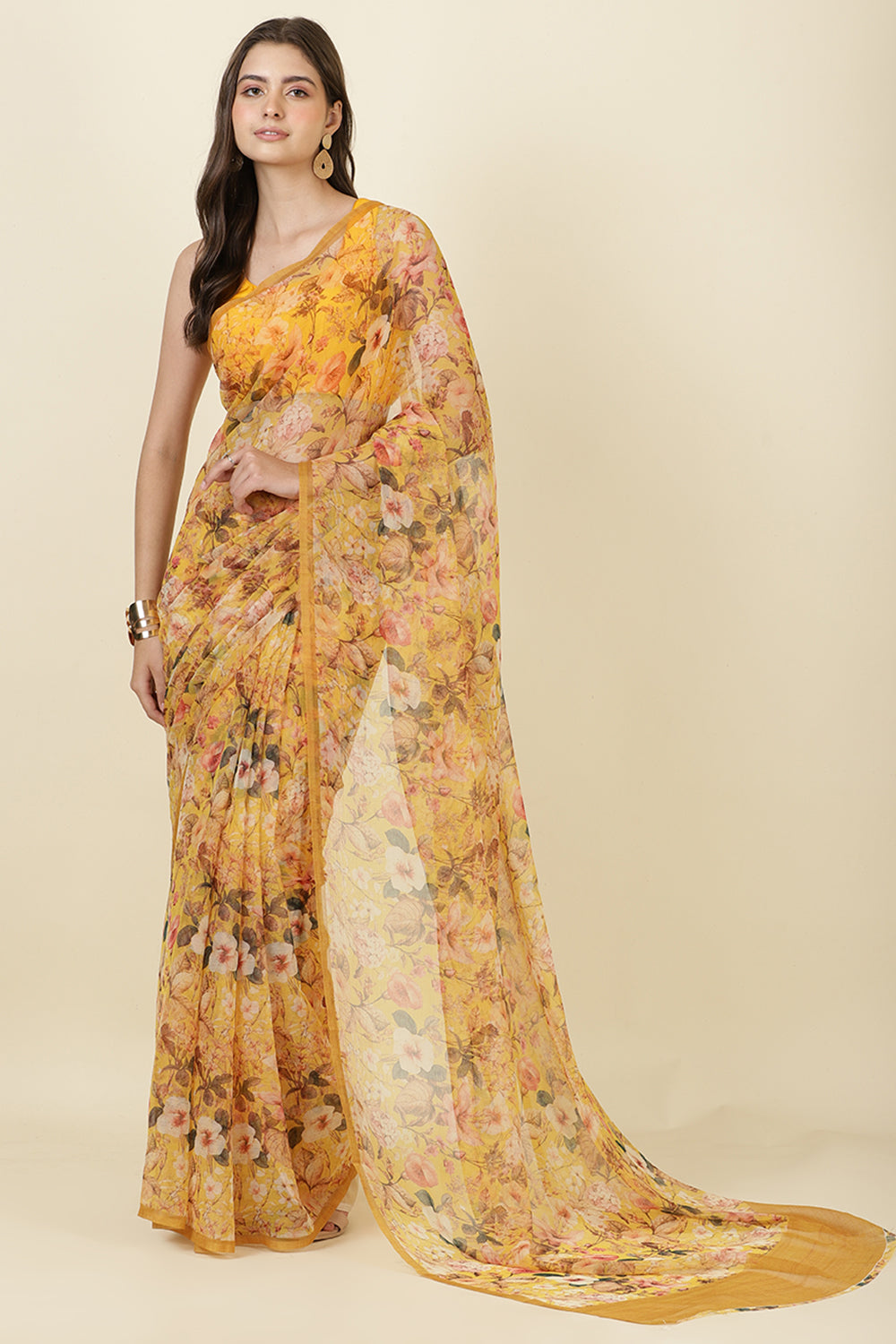 Mustard Floral Printed Chiffon Saree