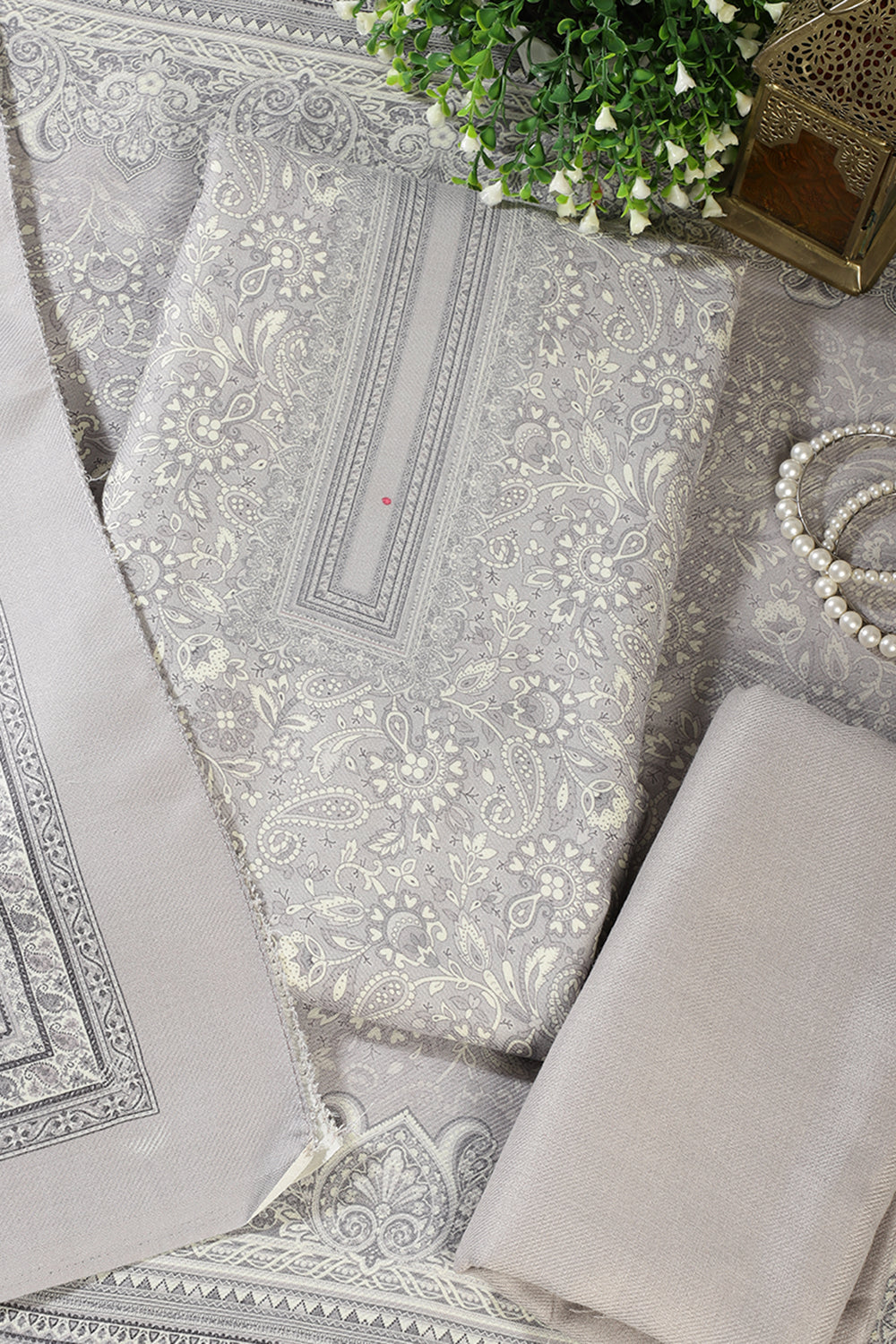 Light Grey Digital Printed Pashmina Unstitched Suit Material