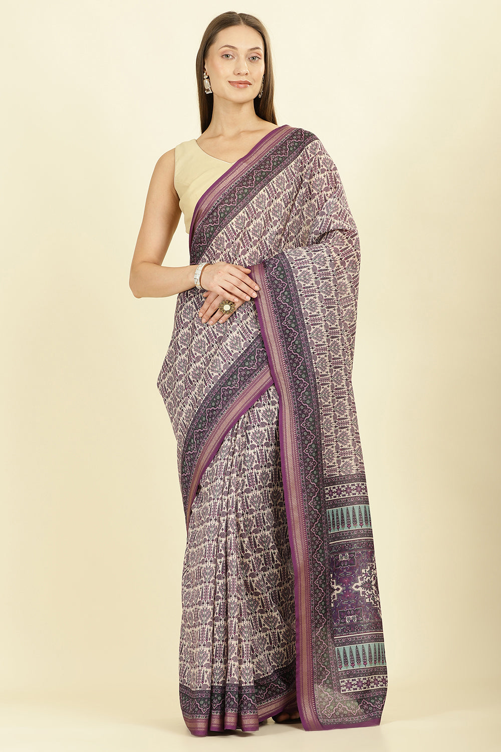 Purple Ajrakh Block Printed Cotton Saree