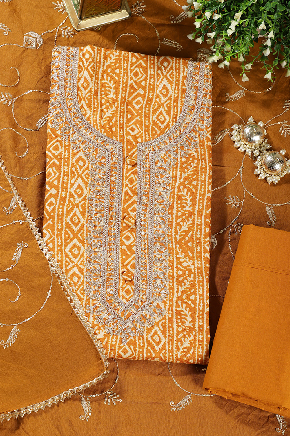 Mustard Cotton Digital Printed & Neck Embroidered Unstitched Suit