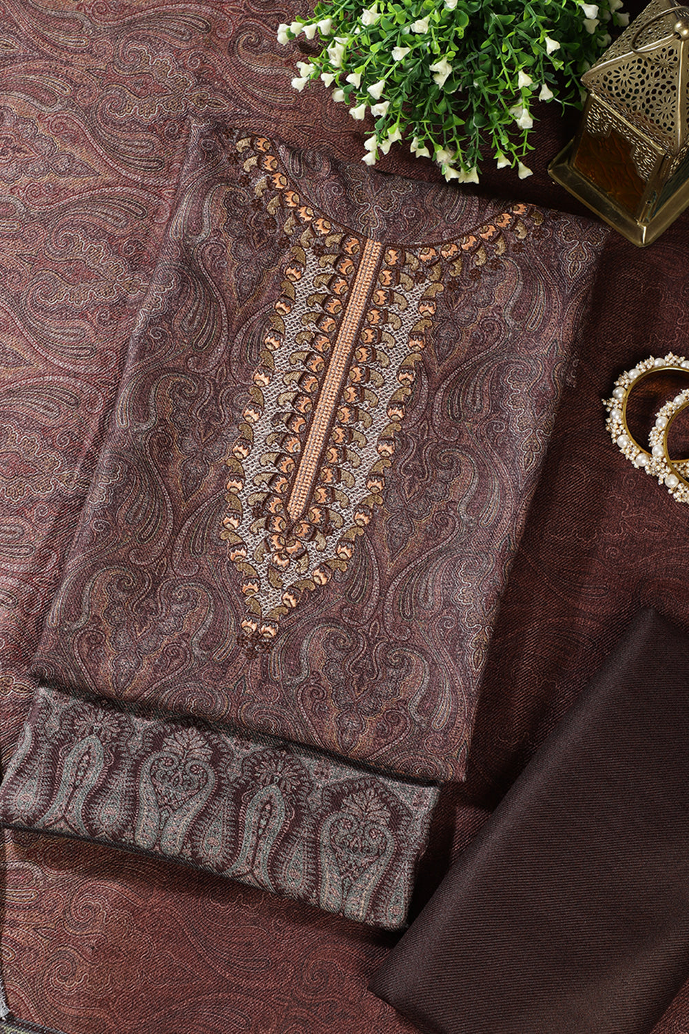Brown Pashmina Printed And Neck Embroidered Unstitched Suit Material