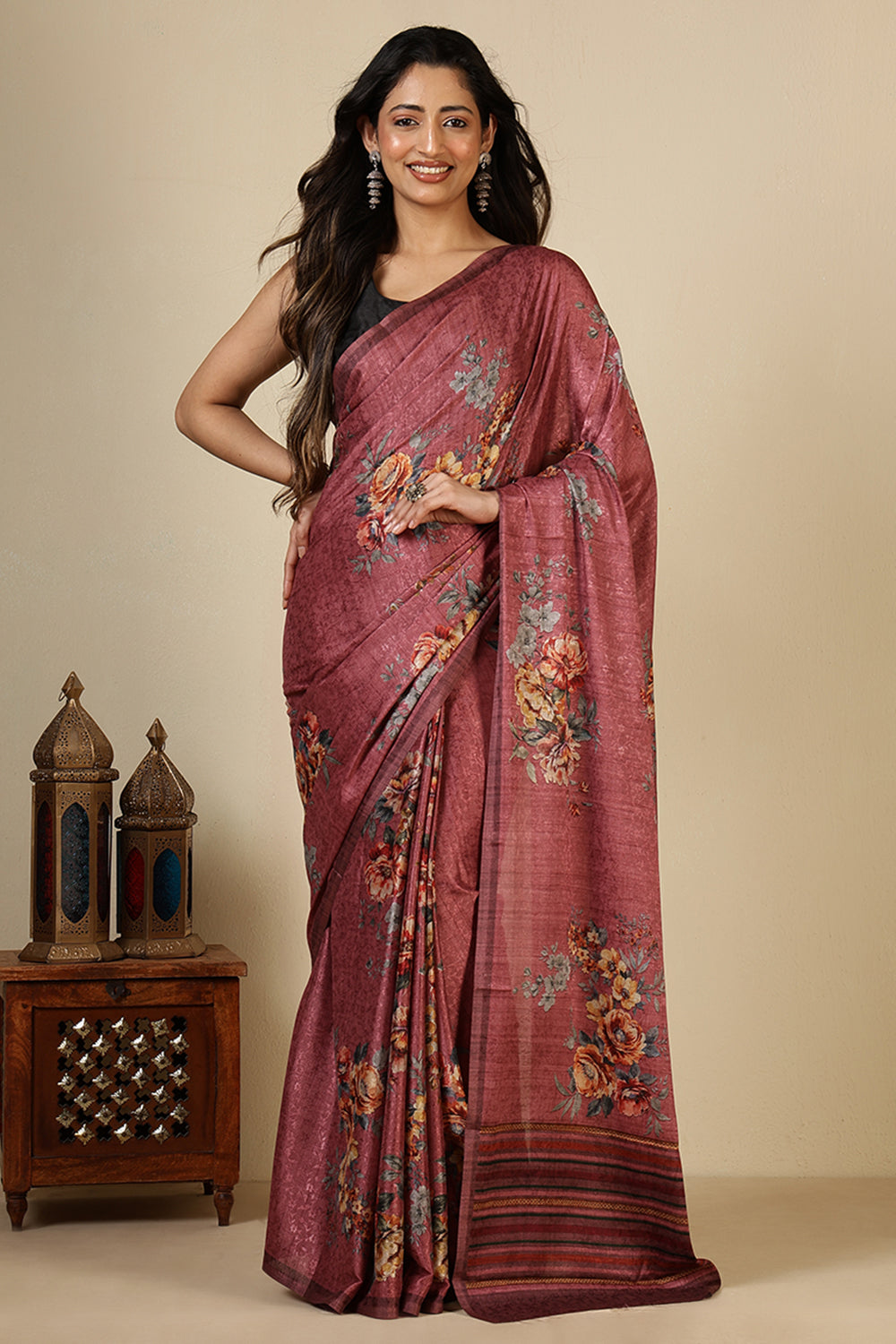 Dusty Pink Jacquard Silk Printed Saree