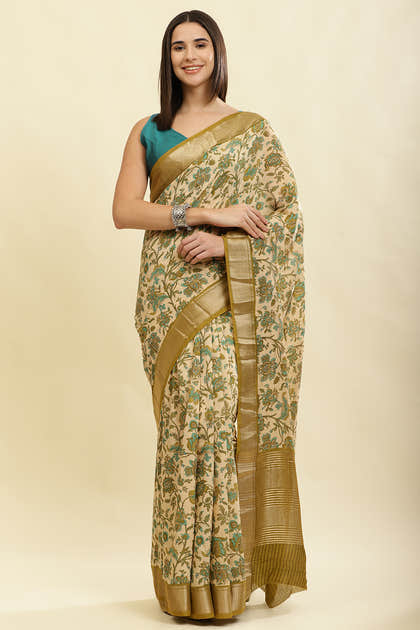 Beige & Olive Green Cotton Silk Floral Printed Saree