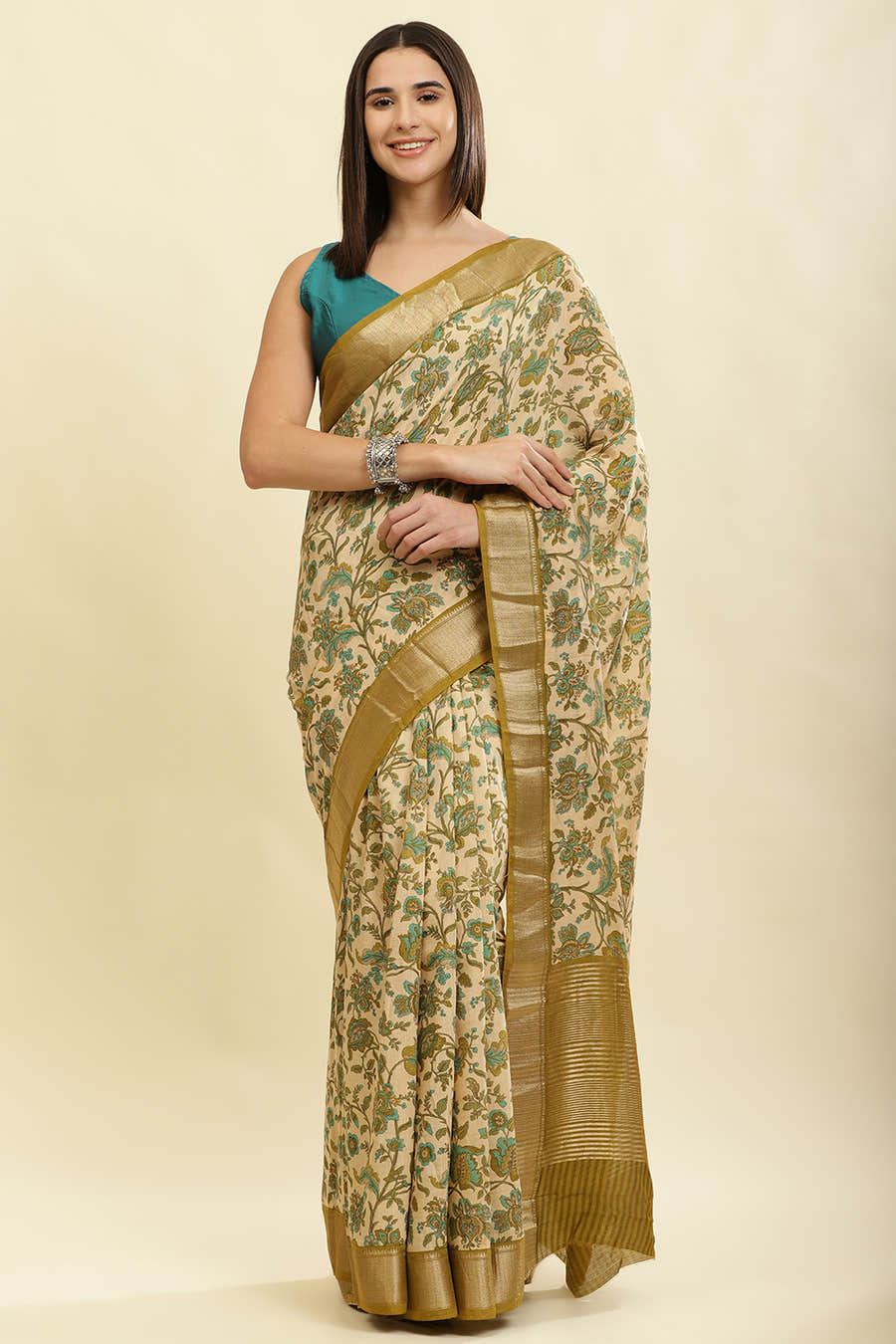 Beige & Olive Green Cotton Silk Floral Printed Saree