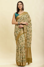 Beige & Olive Green Cotton Silk Floral Printed Saree