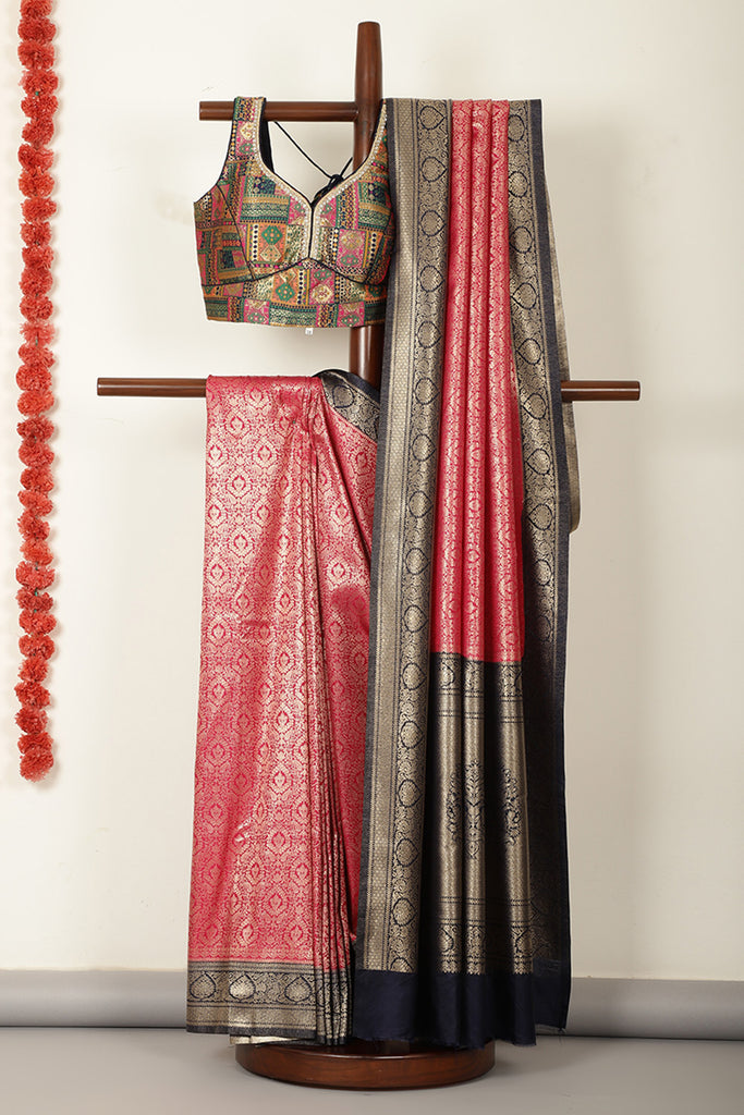 Cardinal Red & Navy Dual Toned Soft Silk Zari Woven Saree