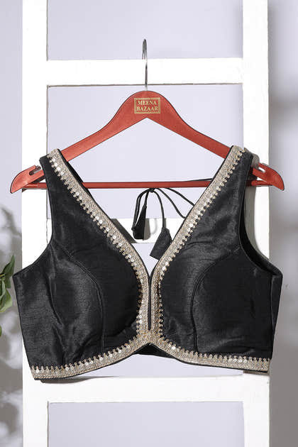 Black Tussar Silk Zari And Sequins Embroidered Readymade Blouse