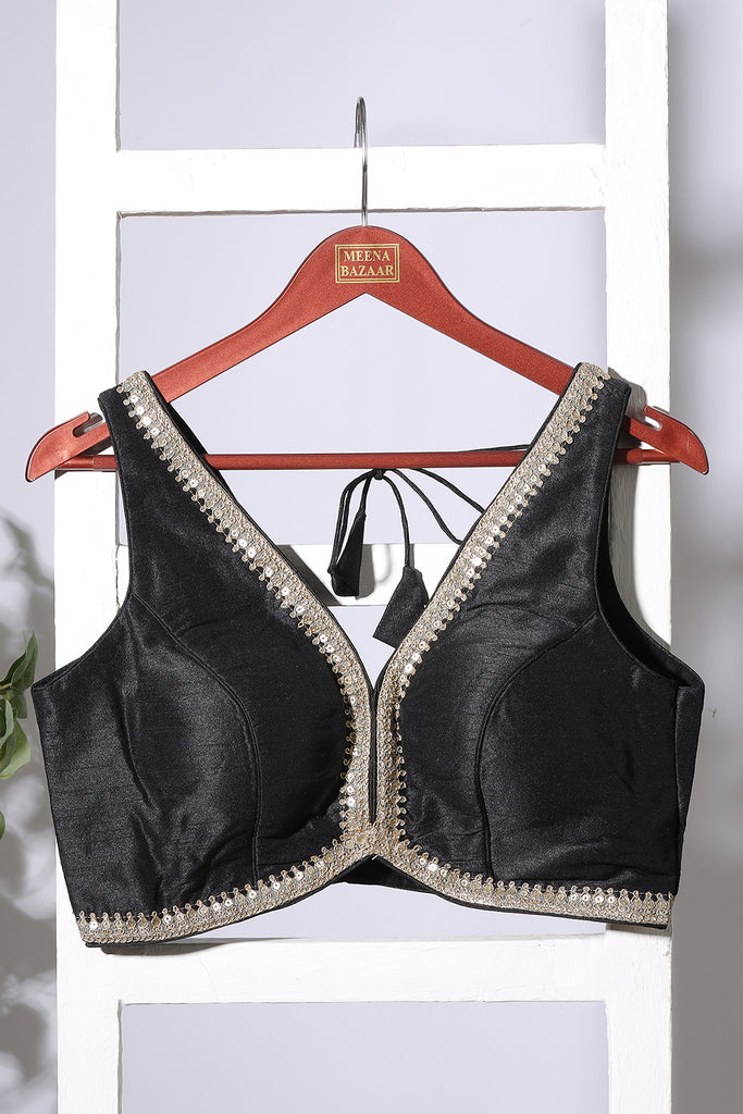 Black Tussar Silk Zari And Sequins Embroidered Readymade Blouse