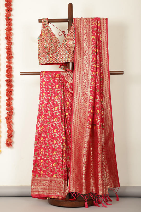 Valentine Red Silk Zari & Resham Woven Saree