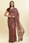 Wine Floral Printed Cotton Silk Saree