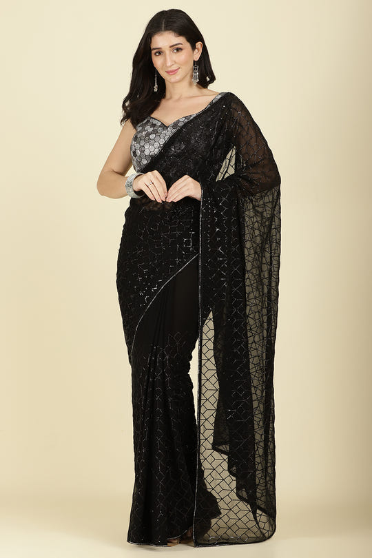 Black Georgette Sequins Embroidered Saree With Stone Work Readymade Blouse