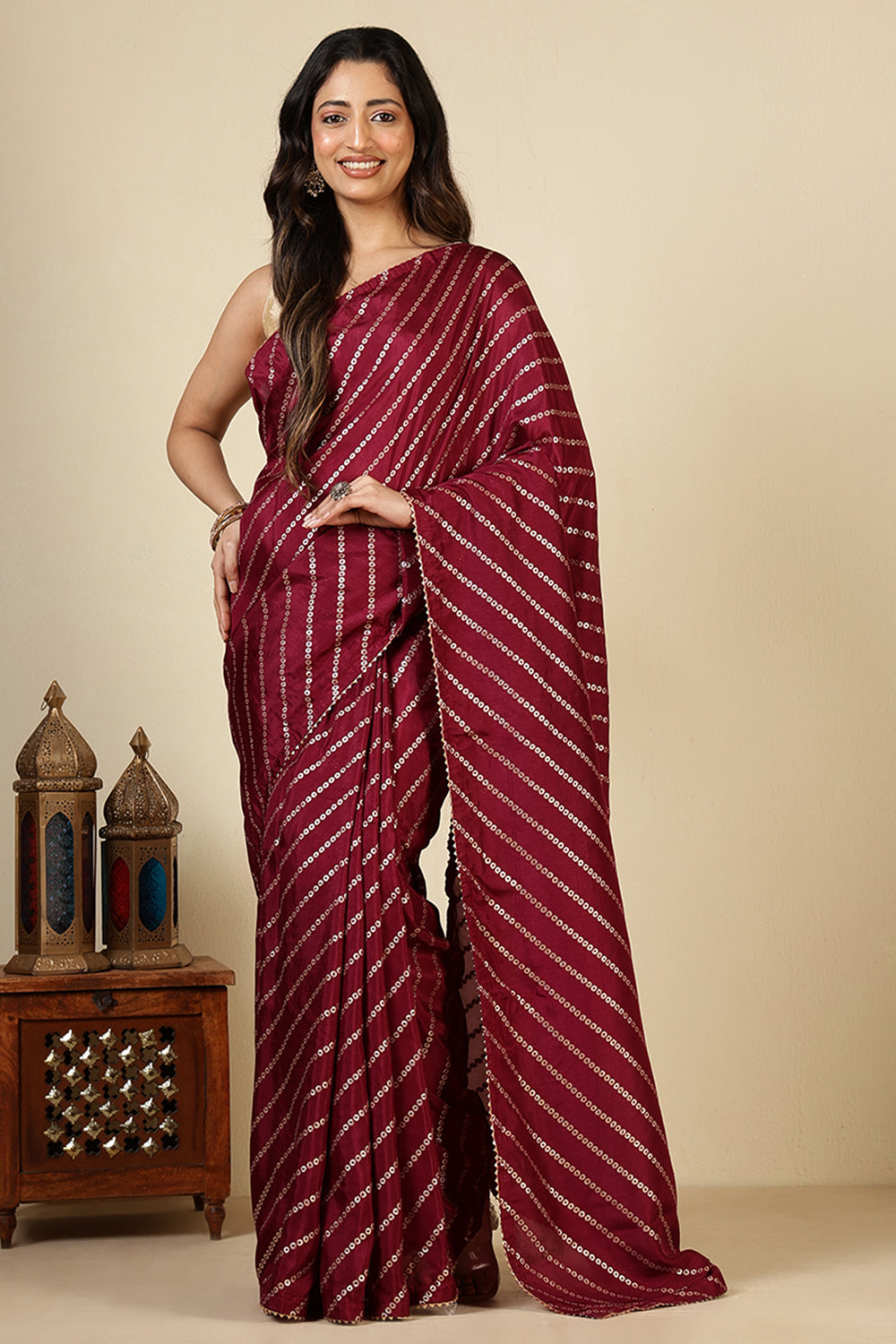 Wine Modal Silk Saree with Zari Pinstripes