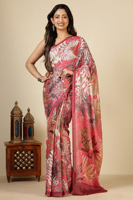 Coral Jacquard Silk Printed Saree
