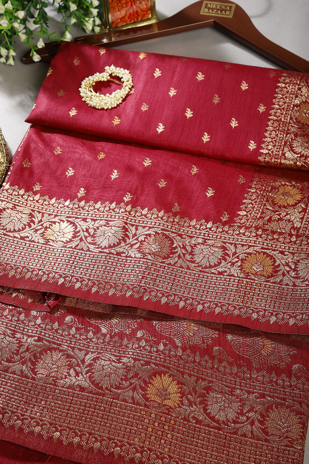 Marron Color Raw Silk Woven Saree