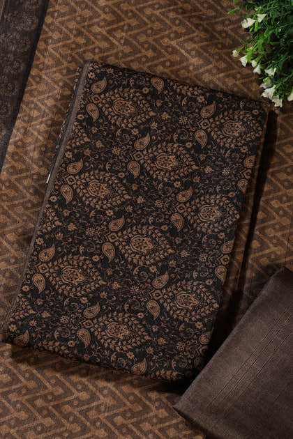 Mustard And Black Digital Printed Chanderi Cotton Unstiched Suit Material