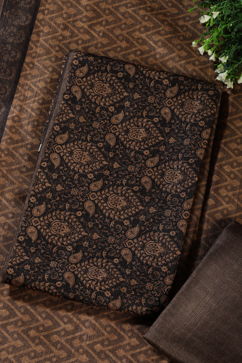 Mustard And Black Digital Printed Chanderi Cotton Unstiched Suit Material