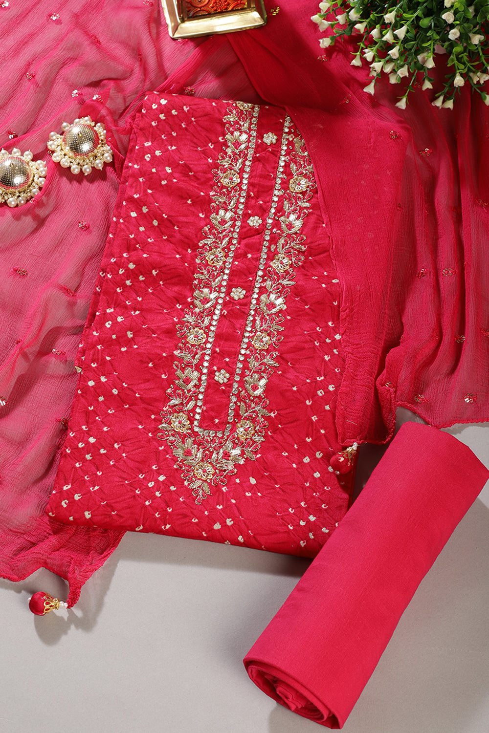 Cardinal Cotton Neck Zardozi Embroidered & Shibori Printed Unstitched Suit Fabric