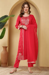 Magenta Pink Cotton Silk Printed & Neck Embroidered Suit