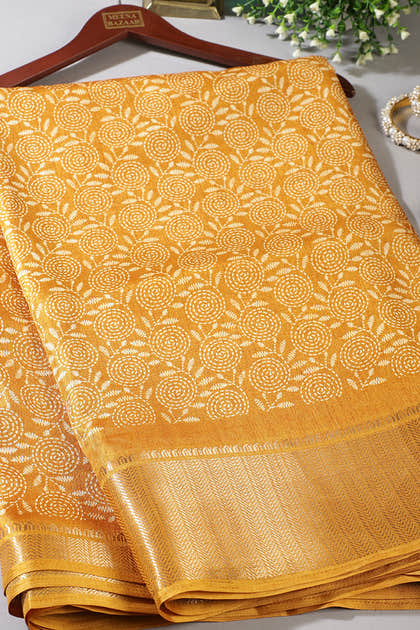 Mustard Colour Printed & Woven Cotton Silk Saree