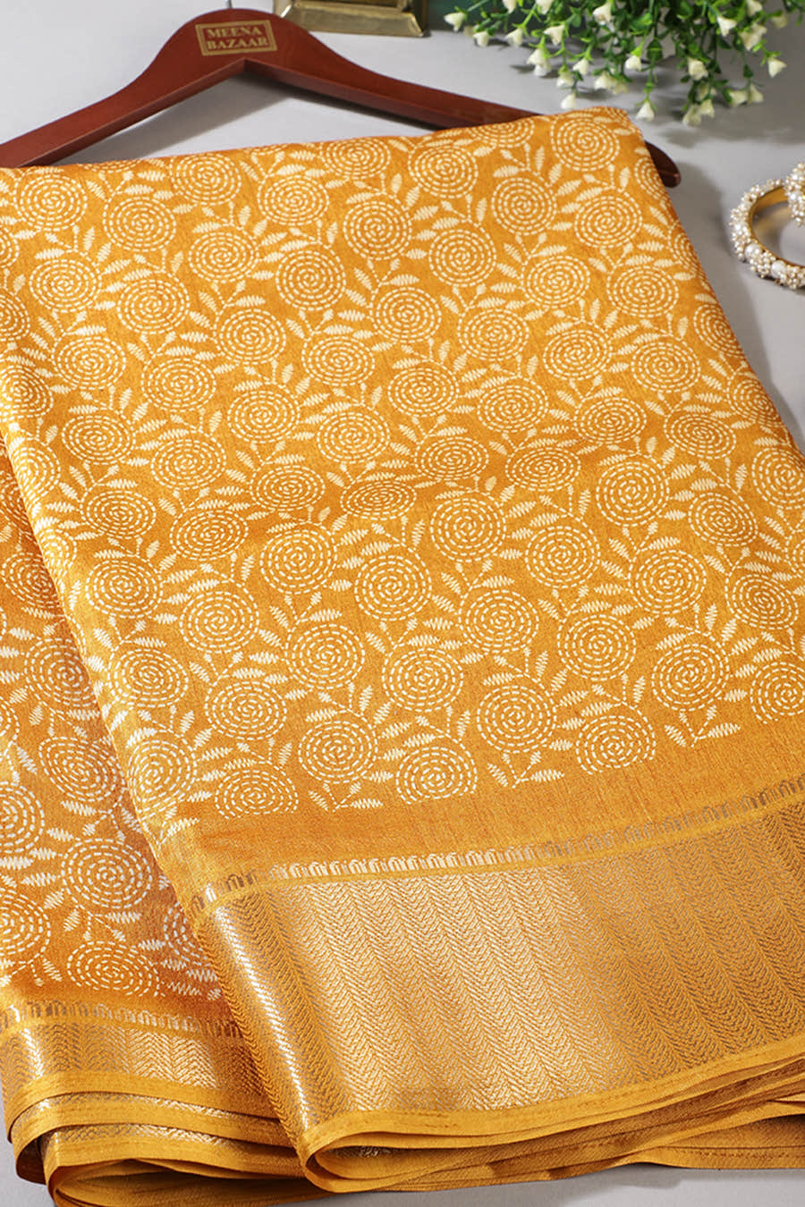 Mustard Colour Printed & Woven Cotton Silk Saree
