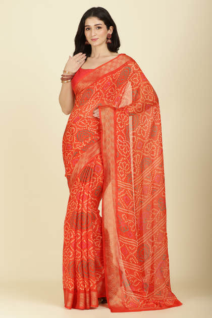 Orange Color Chiffon Bandhani Printed Saree
