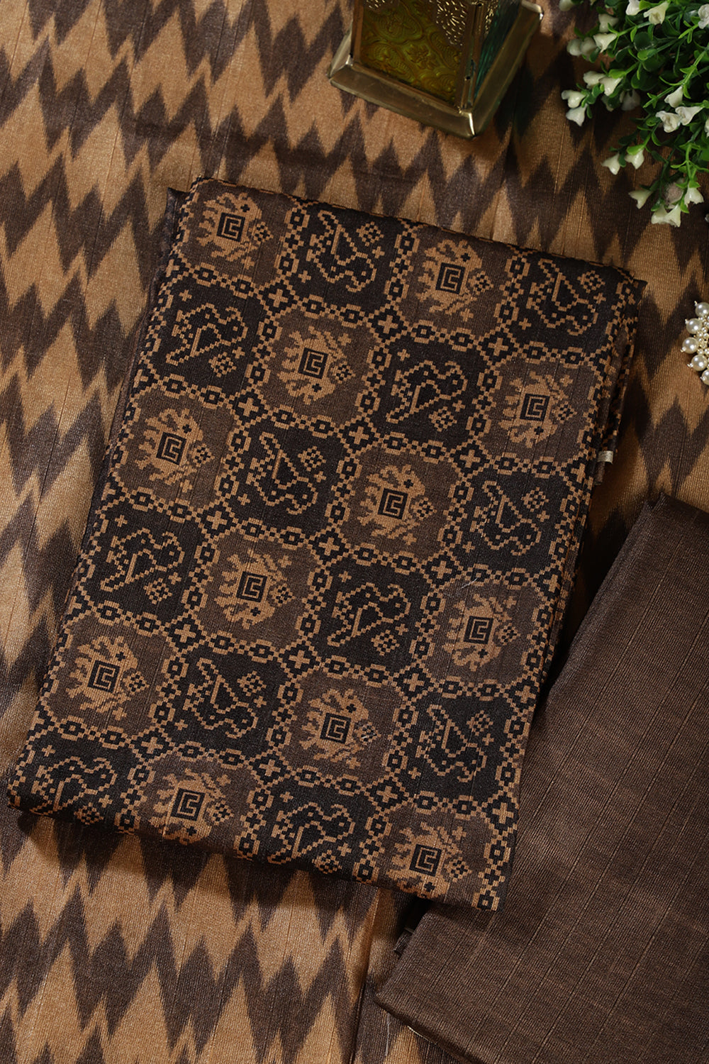 Mustard & Black Chanderi Cotton Digital Printed Unstiched Suit Material