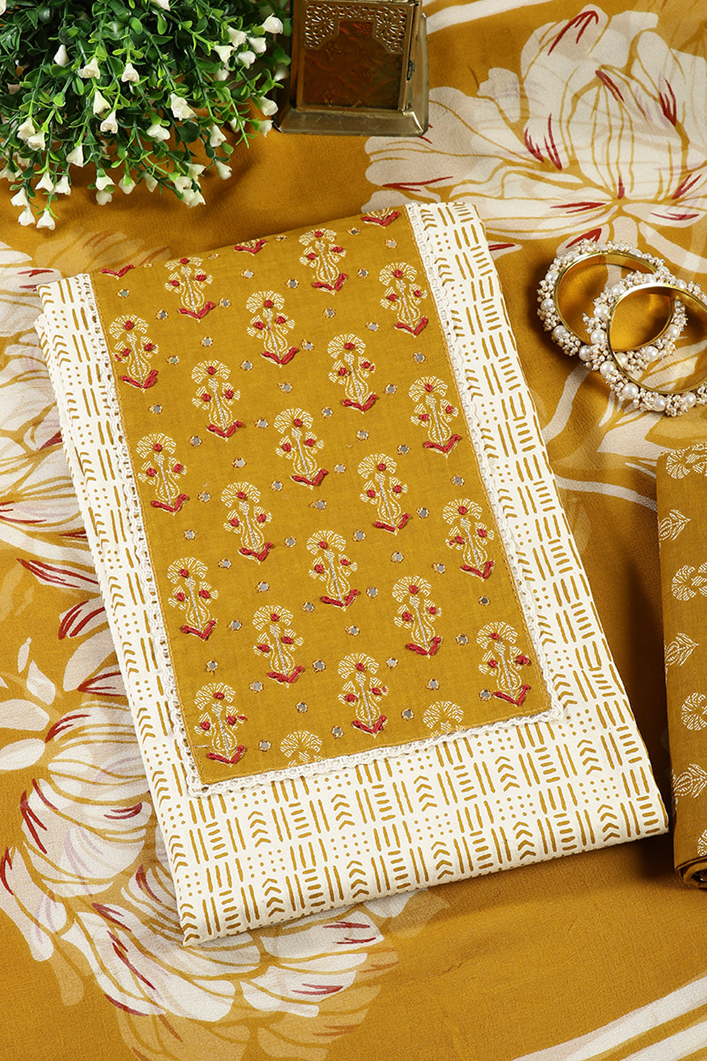 Mustard Color Cotton Printed Unstitched Suit Material